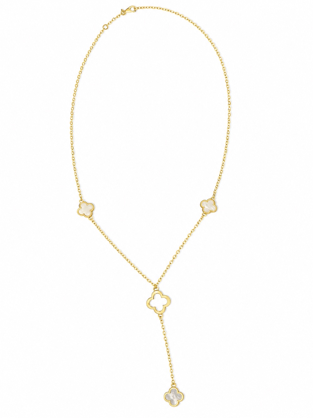 Gold Clover Y-Drop Necklace with White Inlay